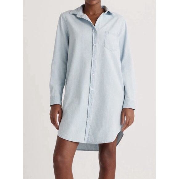 Quince Dresses & Skirts - QUINCE Womens L Distressed Denim Mini Shirt Dress in Light Chambray